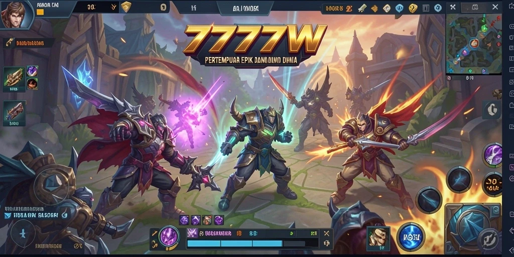Tampilan layar permainan MOBA 7777W yang intens dan menegangkan.