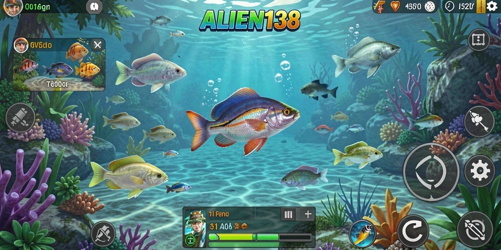 Screenshot menunjukkan pemain sedang memancing di danau yang indah.