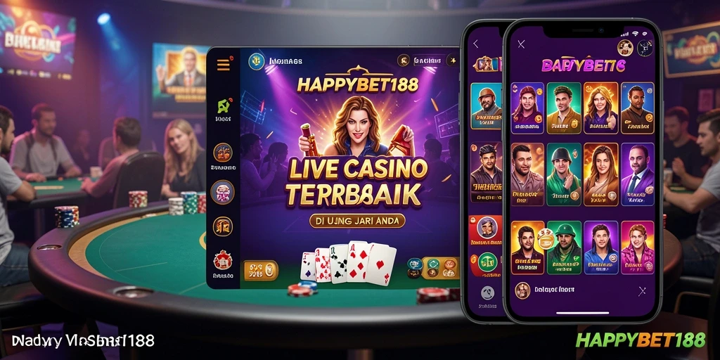 Screenshot gameplay <strong>HAPPYBET188</strong> menampilkan dealer langsung dan pemain aktif di meja permainan.