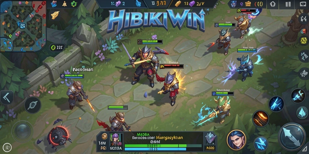 Screenshot gameplay HIBIKIWIN menampilkan pertempuran seru antara tim.