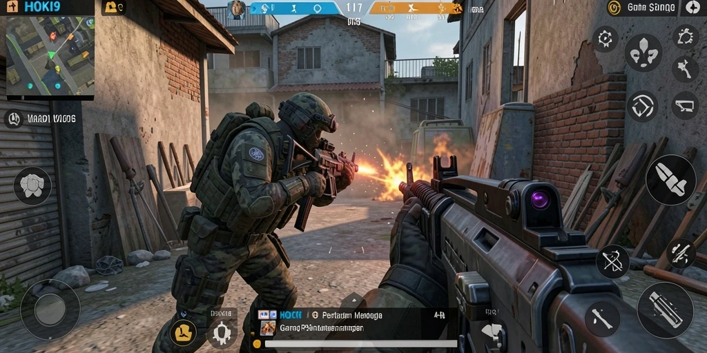 Screenshot HOKI9 menampilkan aksi tembak-menembak intens.