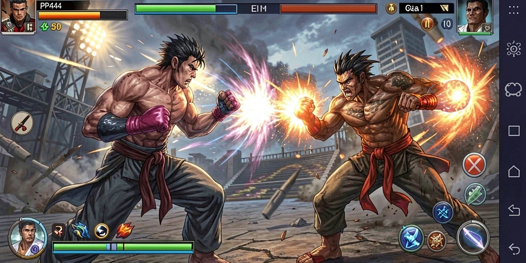 Screenshot gameplay PP444 menunjukkan pertarungan intens dengan karakter yang berwarna-warni.