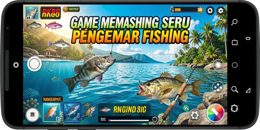 Screenshot gameplay RK88 yang menunjukkan aksi memancing yang mendebarkan.