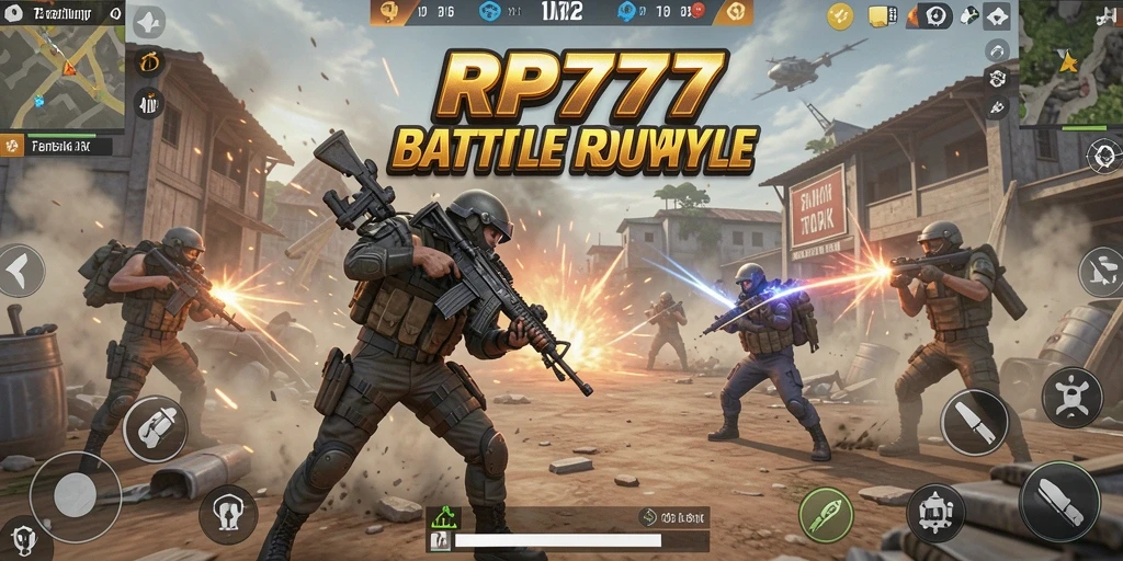 Tangkapan layar utama RP777 menampilkan aksi pertempuran Battle Royale yang mendebarkan.