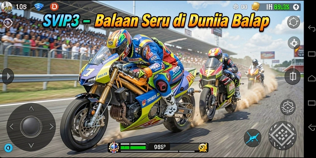 Screenshot gameplay SVIP3 menunjukkan aksi balap yang mendebarkan.
