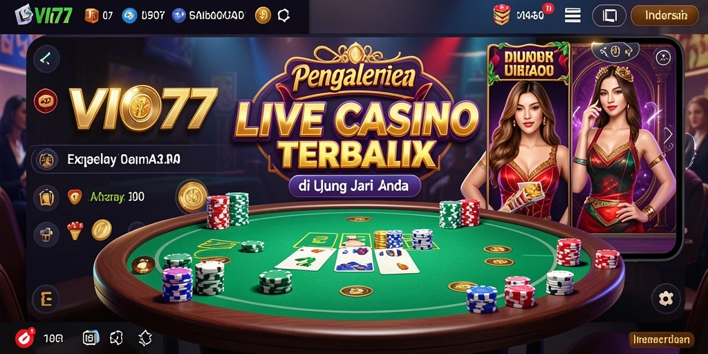 Screenshot gameplay VIO77 menunjukkan dealer yang ramah dan suasana kasino yang autentik.